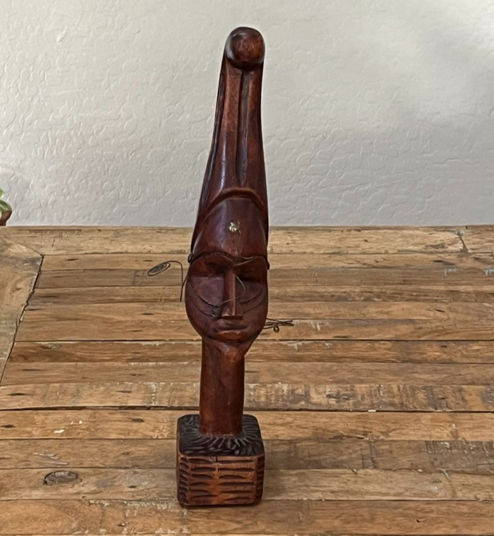African Tribal Wood Sculpture 13" Hand-carved Elongated Head Unique Wire Accents